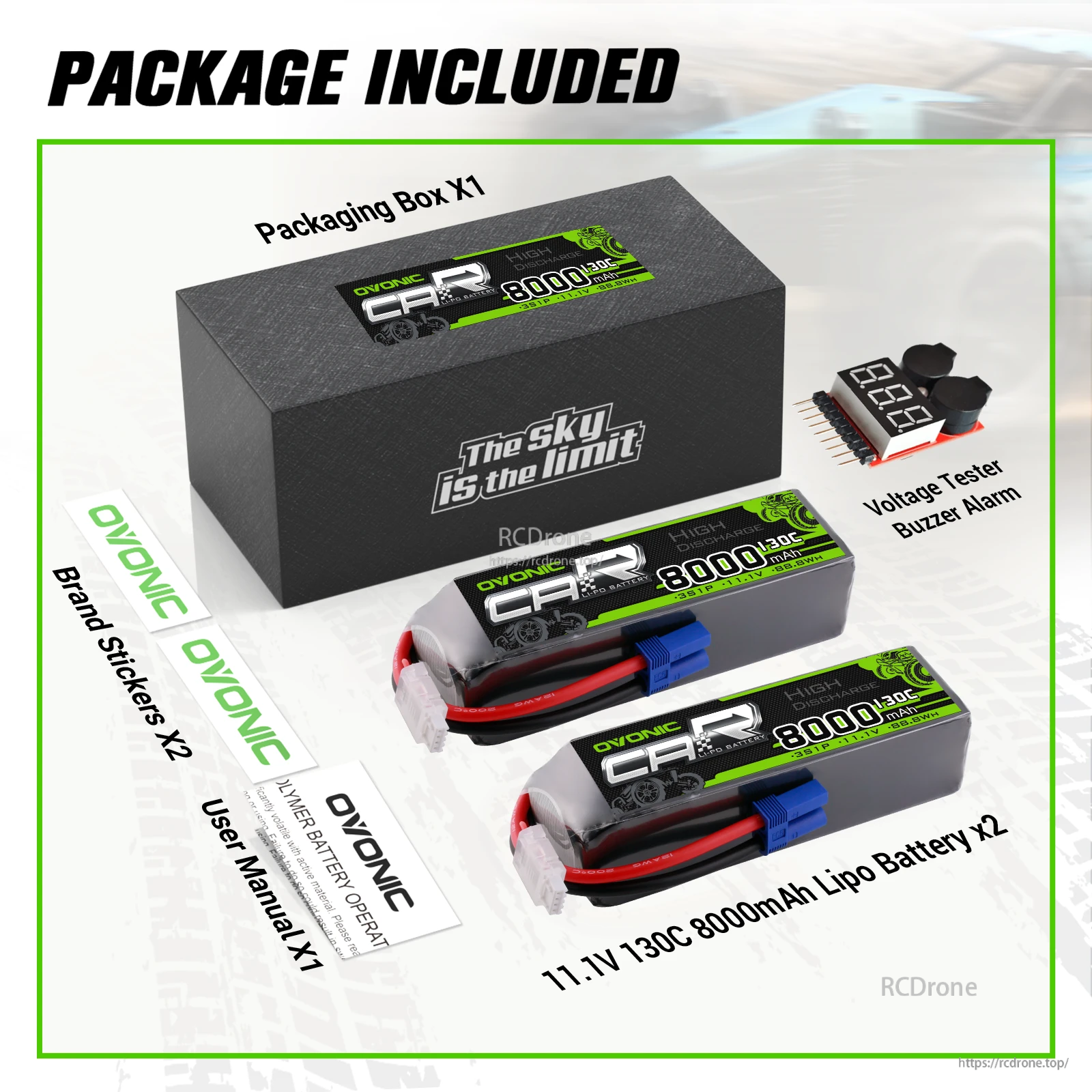 Package contents: two OVONIC 3S 8000mAh 11.1V 130C LiPo batteries, voltage tester buzzer alarm, manual, stickers and box