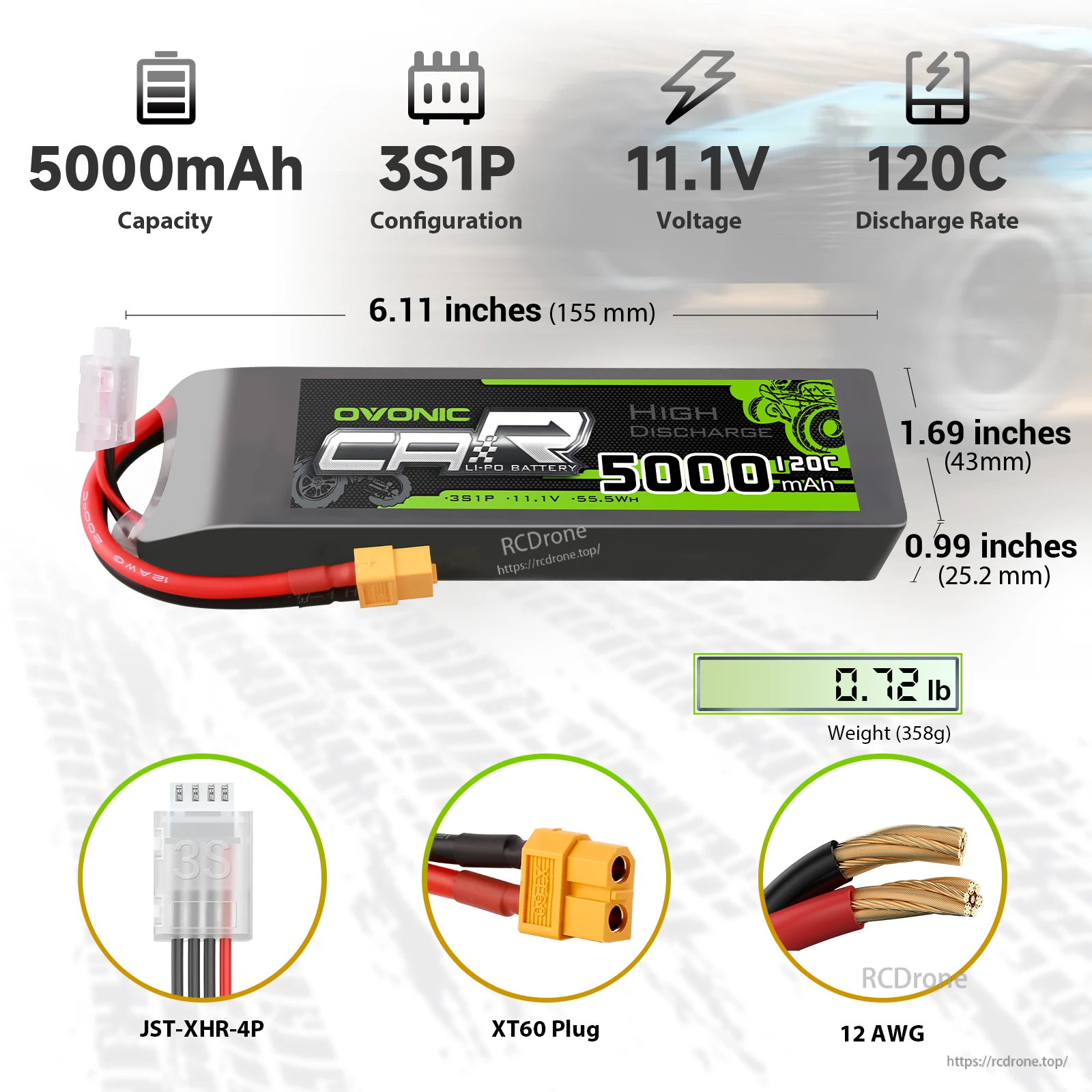 OVONIC 3S 11.1V 5000mAh 120C LiPo battery with XT60 plug, 3S1P specs, size and 12AWG wire