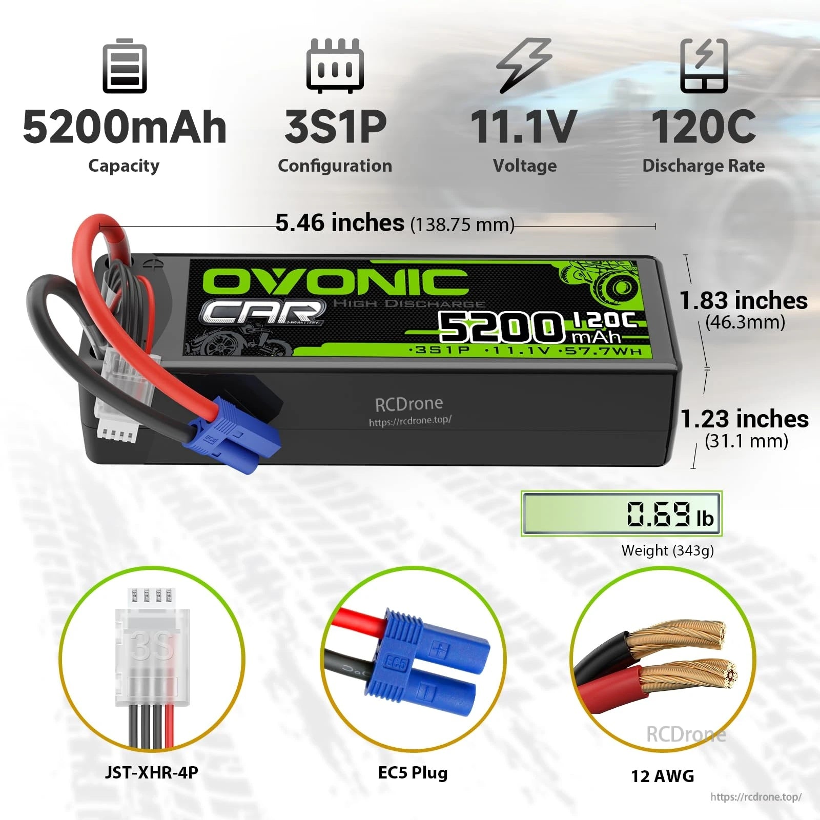 OVONIC 3S 11.1V 5200mAh 120C LiPo battery dimensions with EC5 plug, JST-XHR balance lead, 12AWG wire