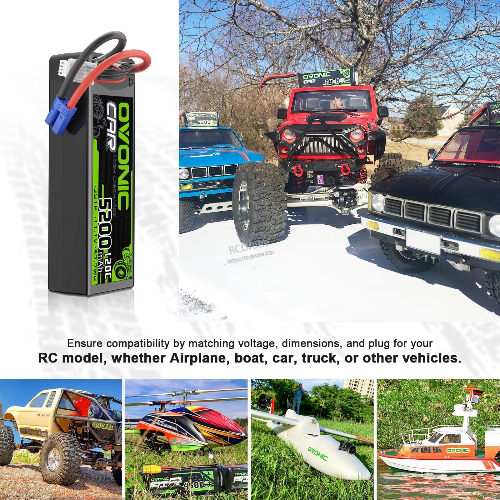 OVONIC 3S LiPo battery use cases with RC cars and other models; check voltage, size, and connector compatibility