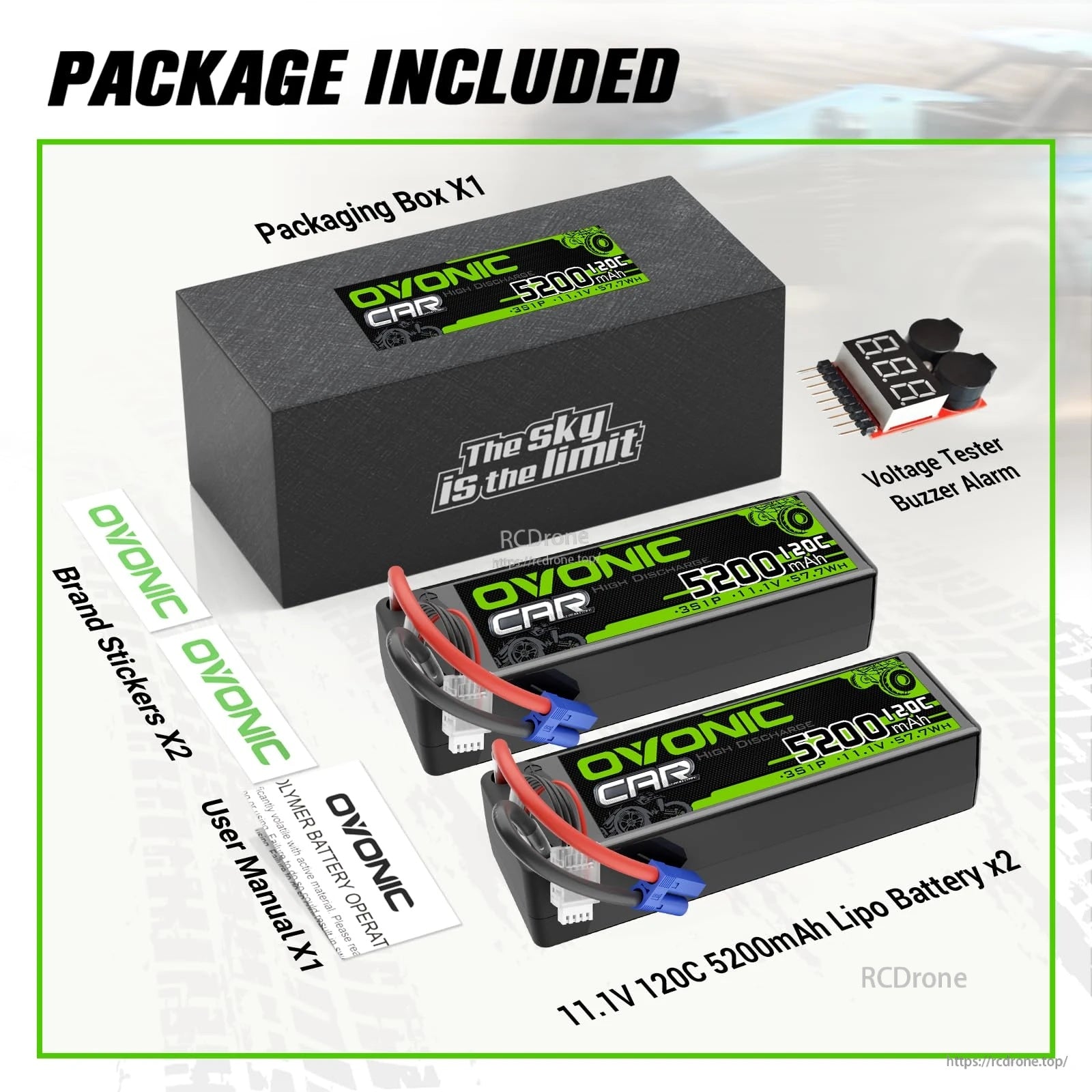 Package contents: two OVONIC 3S 11.1V 5200mAh 120C LiPo batteries, voltage checker/buzzer, stickers, manual, and box