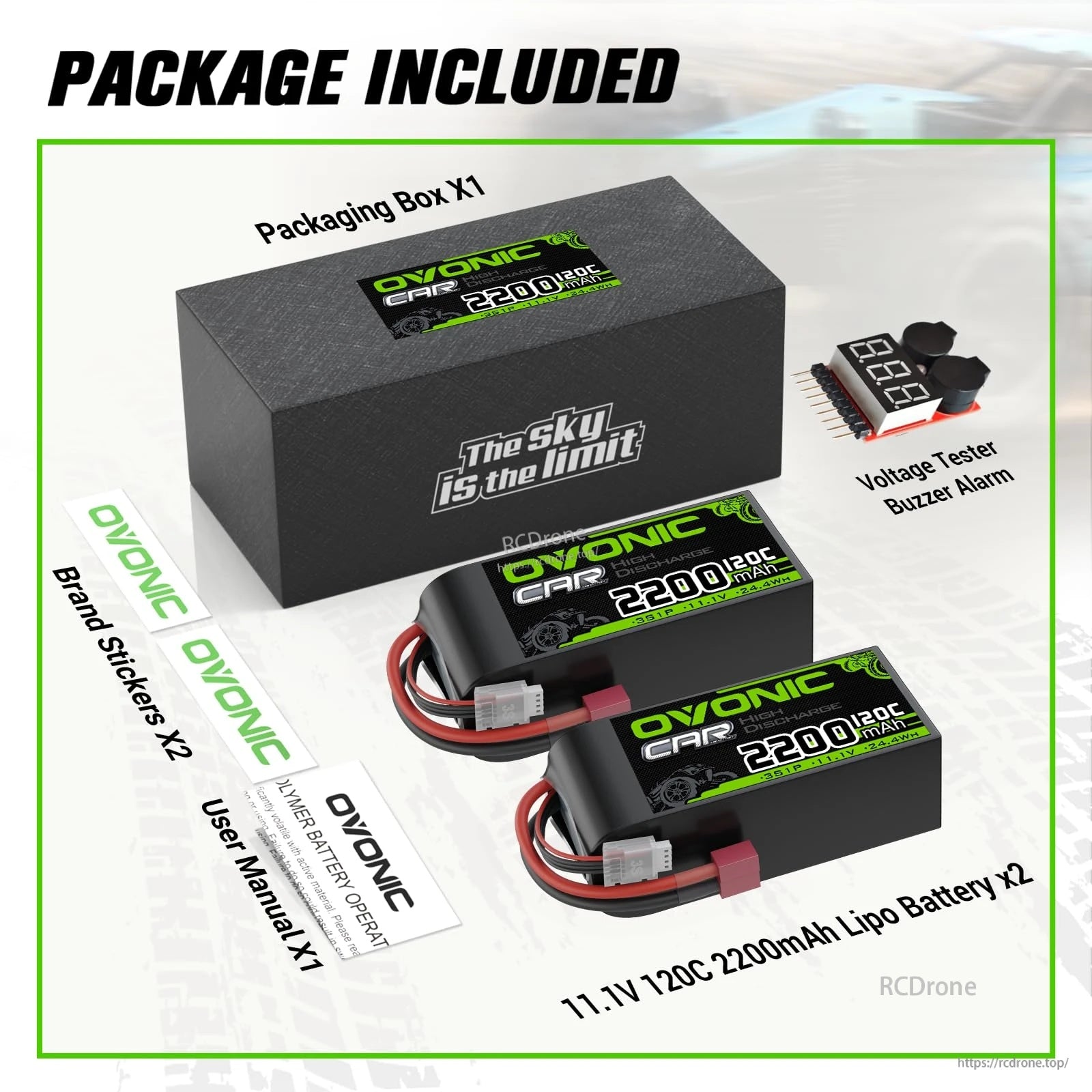 2x OVONIC 3S 2200mAh 120C Short LiPo Battery set with box, voltage checker buzzer alarm, manual, and stickers