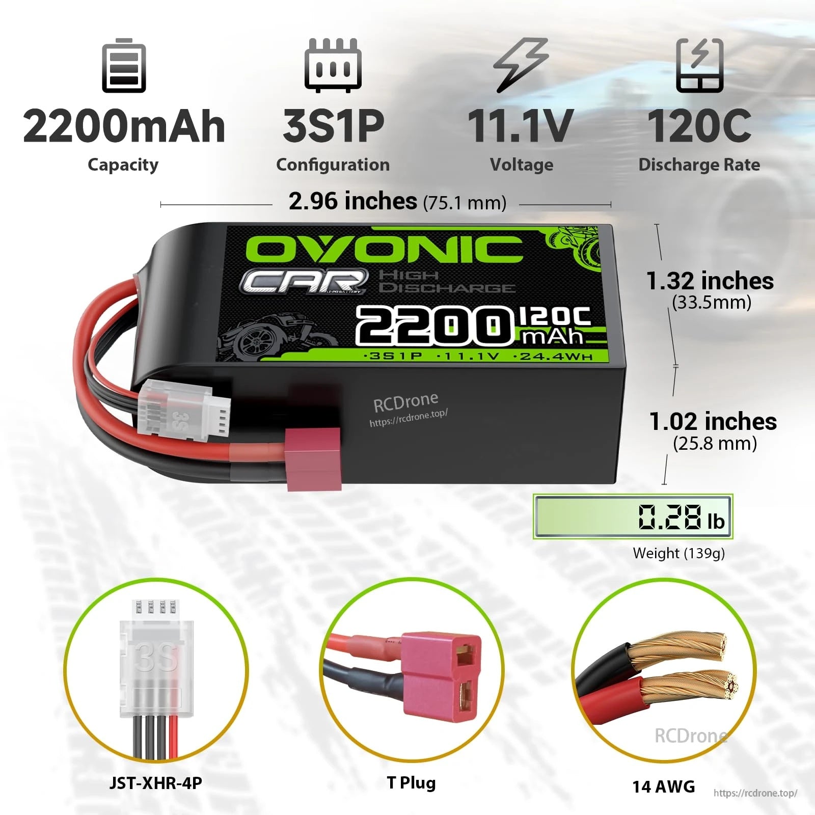 OVONIC 3S 2200mAh 120C shorty LiPo with Deans T plug, JST-XHR balance lead, and size details