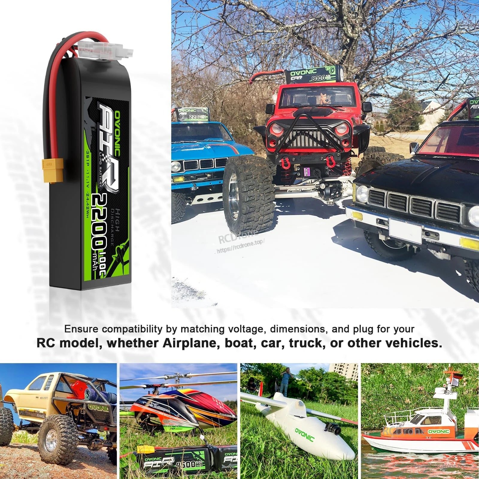 OVONIC short LiPo battery illustrated for compatibility across RC models like airplanes, cars, boats, and helicopters