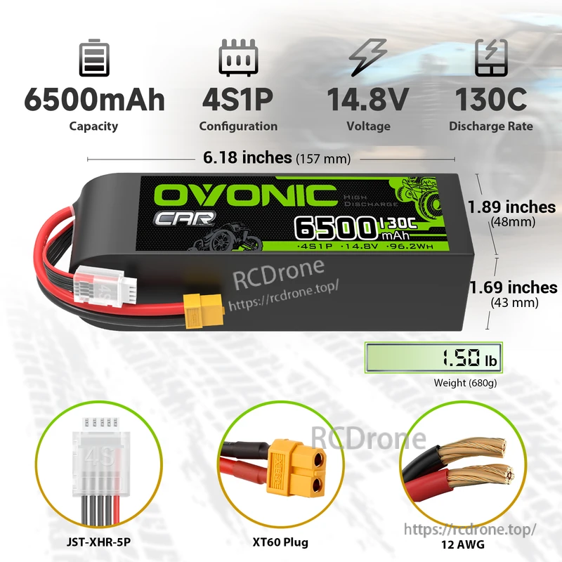 OVONIC 4S 6500mAh 14.8V 130C LiPo battery size chart with XT60 plug and JST-XHR-5P balance lead