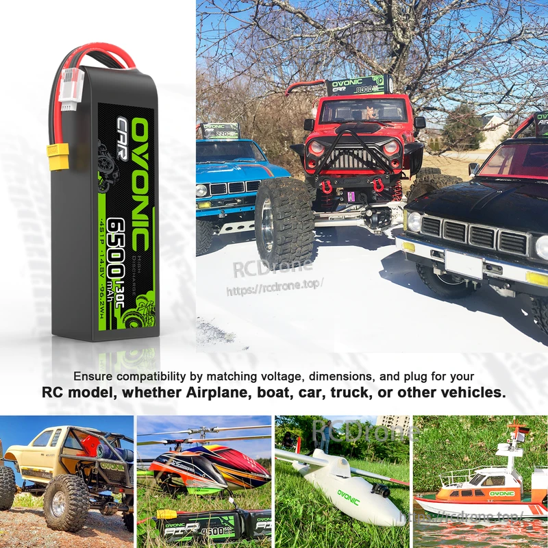 Compatibility collage for OVONIC 4S LiPo pack across RC cars, trucks, boats, and airplanes with fit check reminder text
