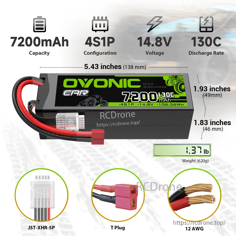 OVONIC 4S 7200mAh 130C 14.8V hardcase LiPo battery pack with T Plug, 4S1P, 12AWG, size and weight