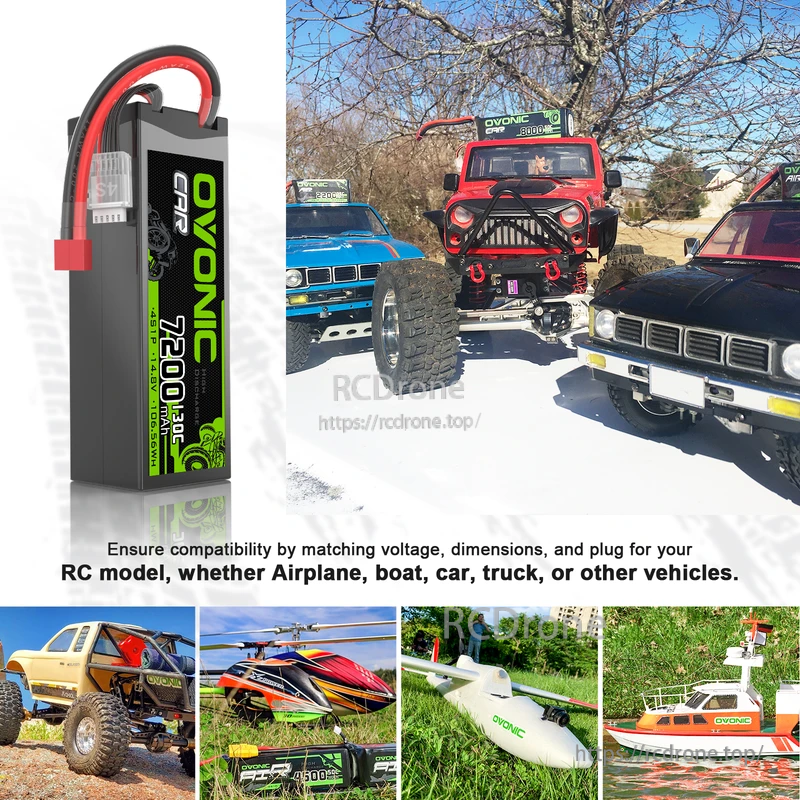 OVONIC 7200mAh hardcase LiPo pack with RC vehicle collage and note to match voltage, dimensions, and plug compatibility