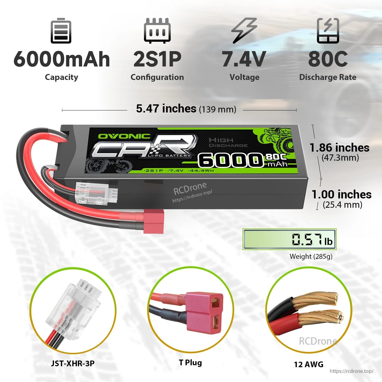 OVONIC 2-pack 6000mAh 2S 7.4V 80C hardcase LiPo battery with Deans T-plug, size and connector icons