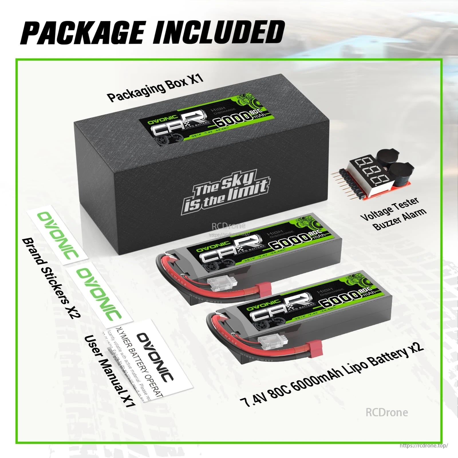 Package contents: two OVONIC 7.4V 6000mAh 80C hardcase LiPo batteries, voltage tester buzzer, manual, stickers, box