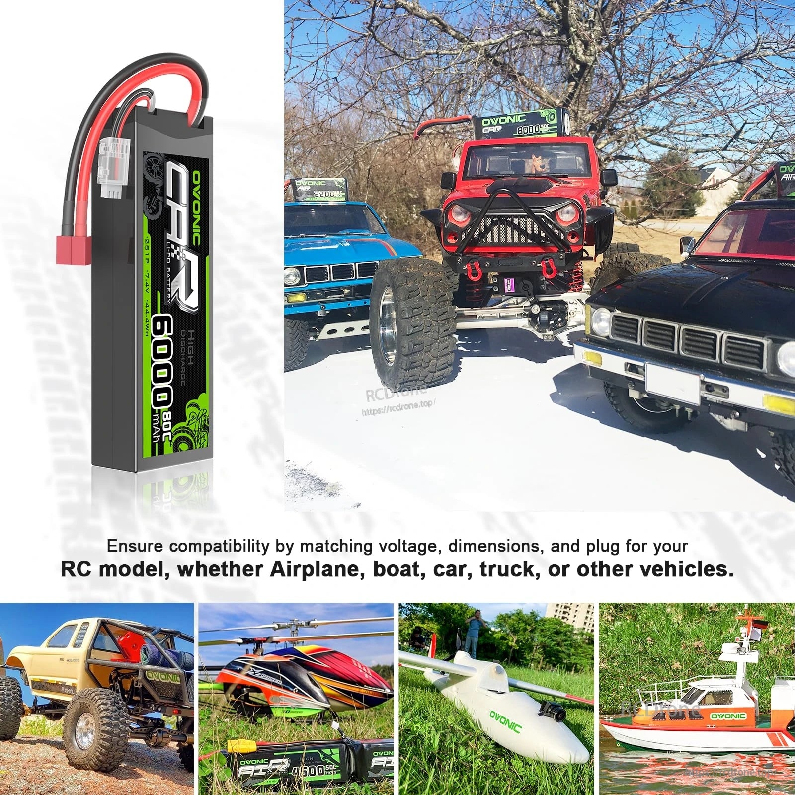 OVONIC hardcase LiPo battery compatibility collage for RC car, truck, boat and airplane; reminder to match voltage, size and plug