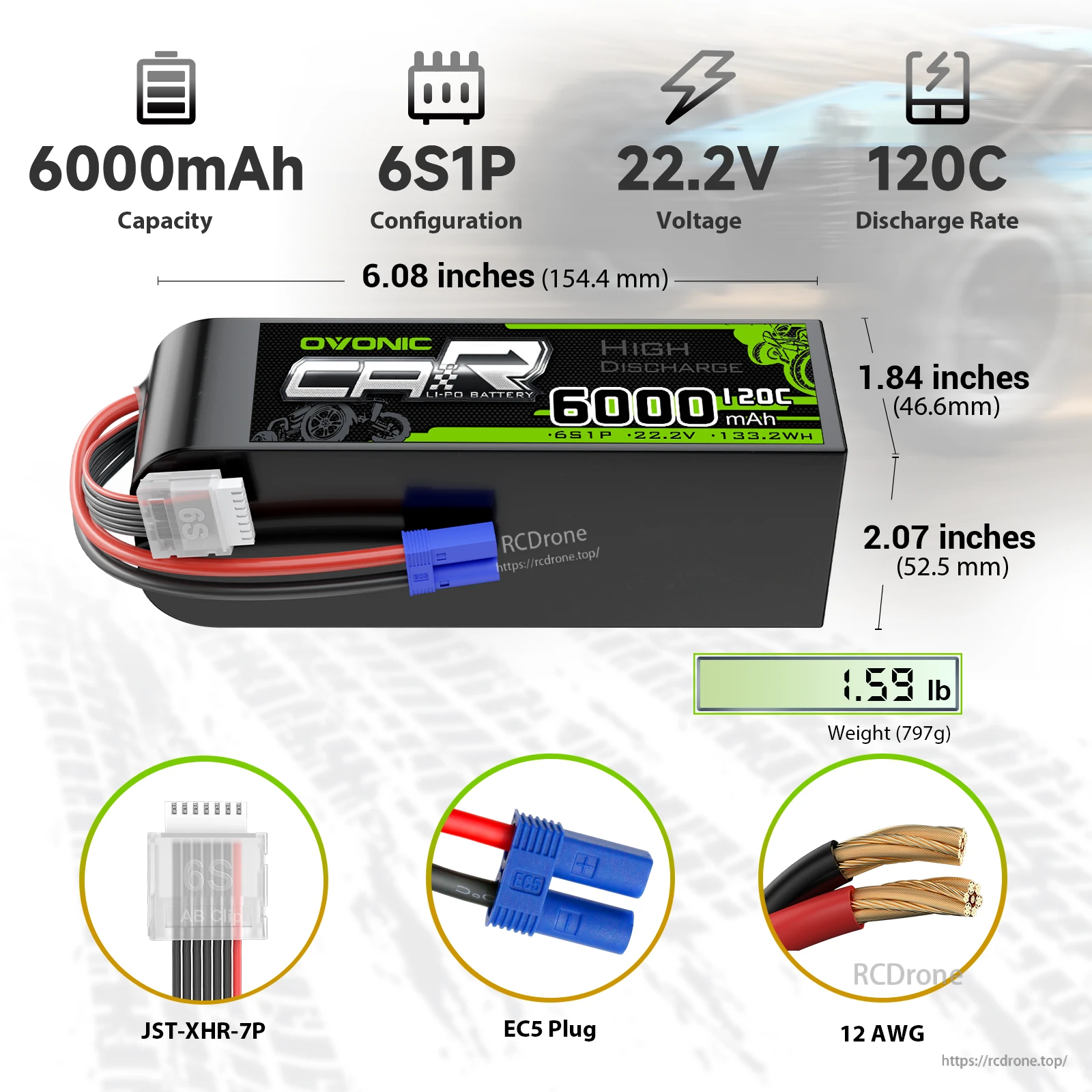 OVONIC 2-Pack 6S 6000mAh 22.2V 120C LiPo batteries with EC5 plug, JST-XHR-7P balance lead, size chart