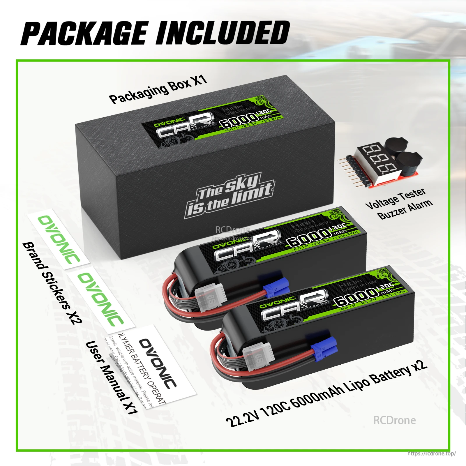 Package contents: two OVONIC 22.2V 6000mAh 120C 6S LiPo batteries, packaging box, user manual, stickers, voltage buzzer alarm