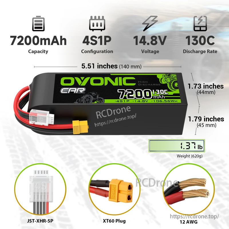 OVONIC 2-pack 7200mAh 130C 14.8V 4S LiPo battery with XT60 to TRX plug, size and connectors