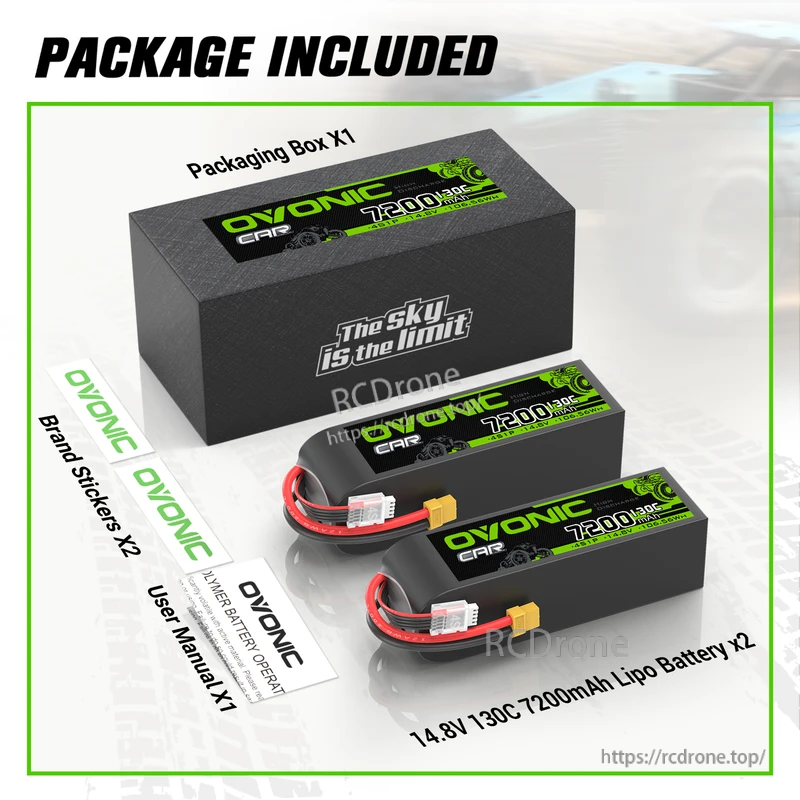 Package contents: two OVONIC 14.8V 7200mAh 130C 4S LiPo batteries, packaging box, stickers and user manual