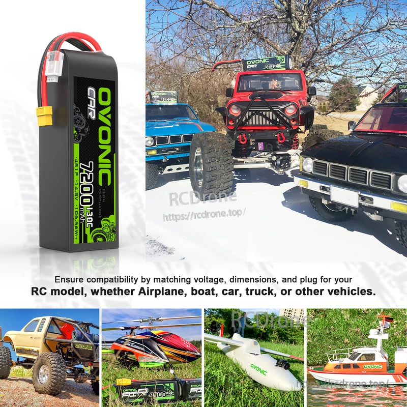 OVONIC 4S LiPo battery for RC models collage showing fitment examples for cars, trucks, boats and aircraft