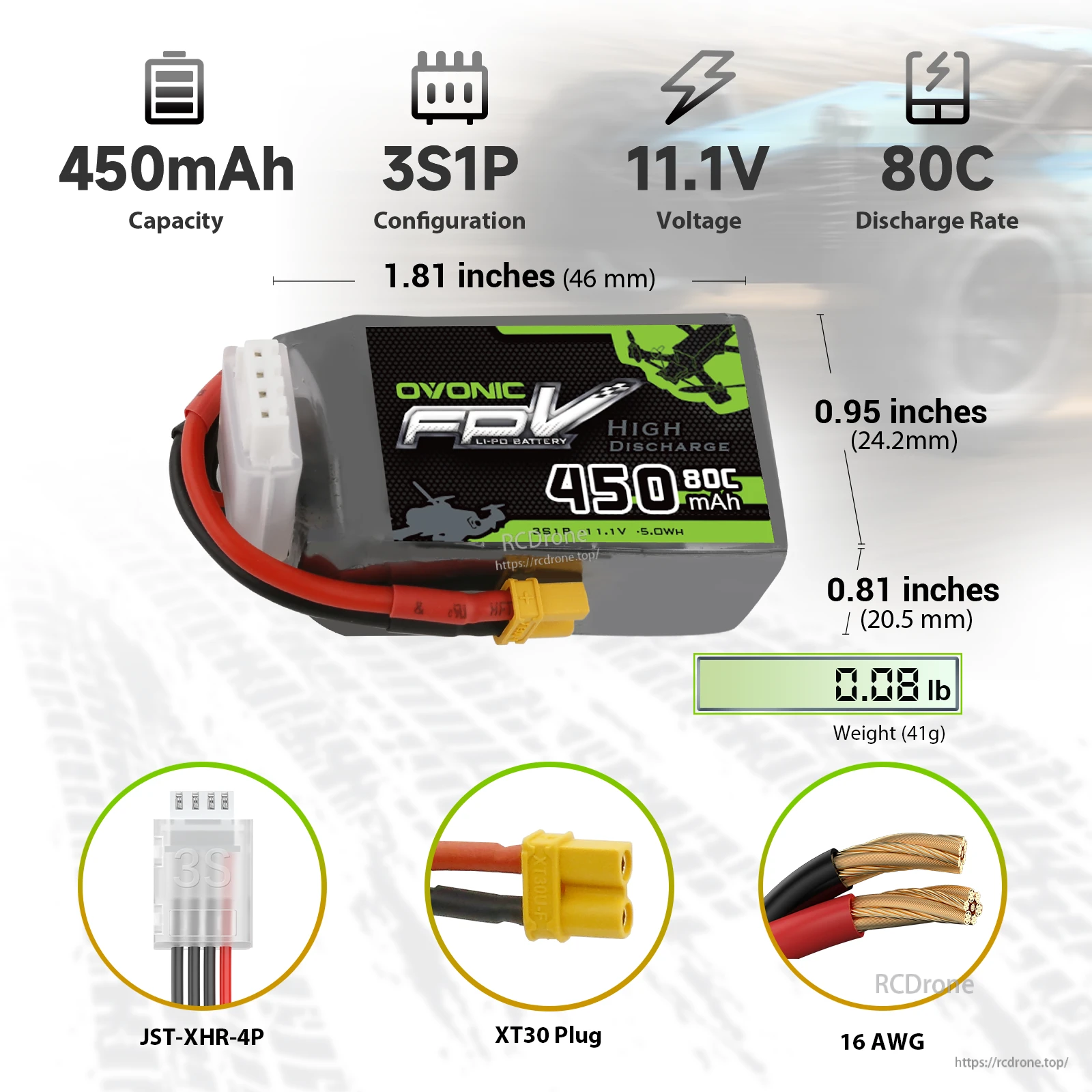 OVONIC 450mAh 3S 11.1V 80C LiPo Battery with XT30 and JST-XHR-4P, size 46×24.2×20.5mm, 41g