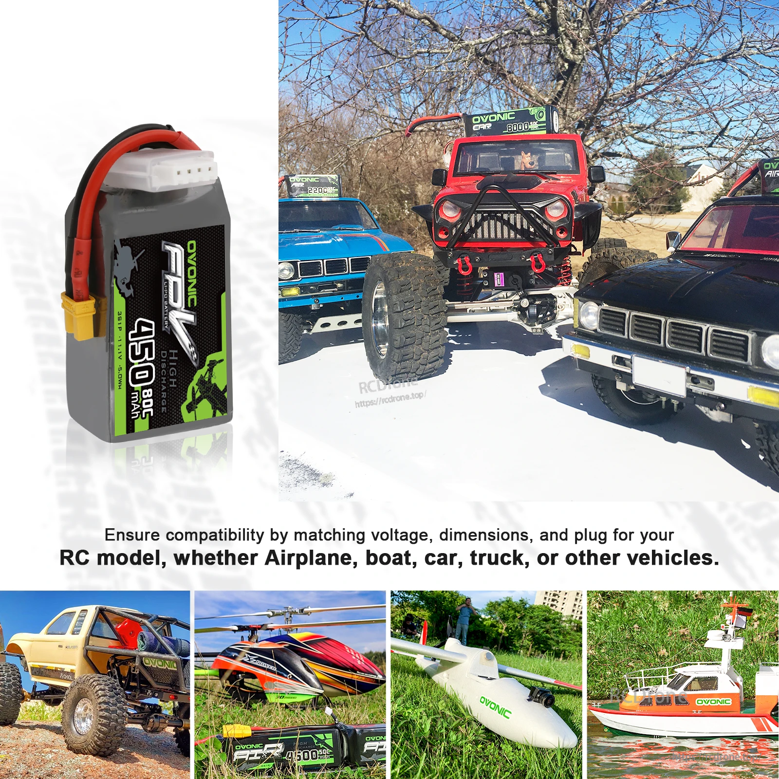 Battery compatibility reminder graphic for RC models; match voltage, dimensions, and plug type across airplane, boat, car and truck