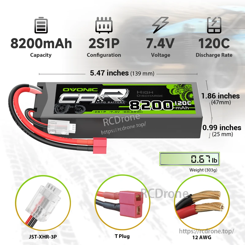 OVONIC 2-Pack 8200mAh 2S 7.4V 120C LiPo battery with T plug, JST-XHR-3P balance lead, 12AWG