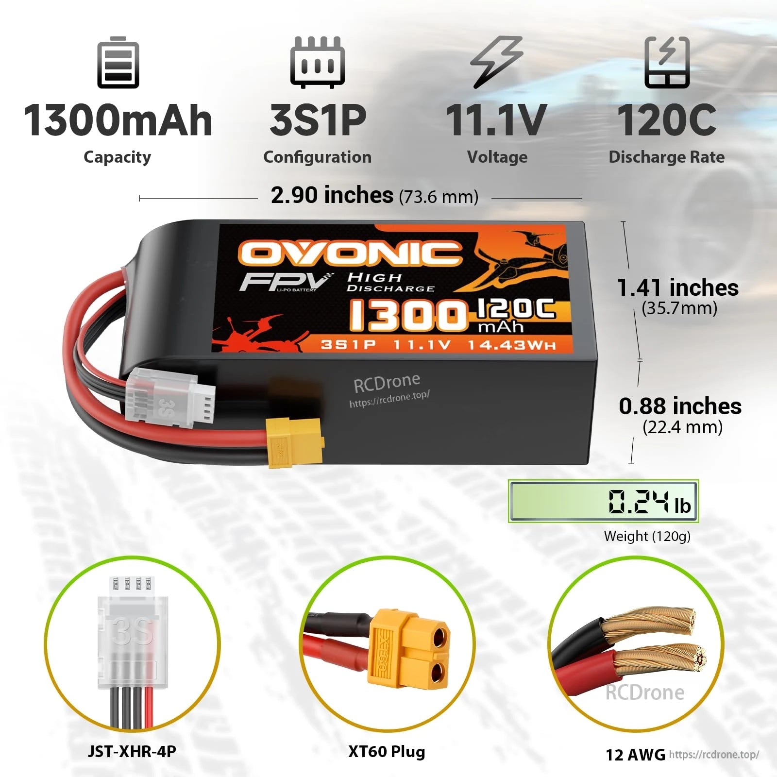 OVONIC 3S 11.1V 1300mAh 120C LiPo battery with XT60 plug, JST-XHR-4P balance lead, and size details