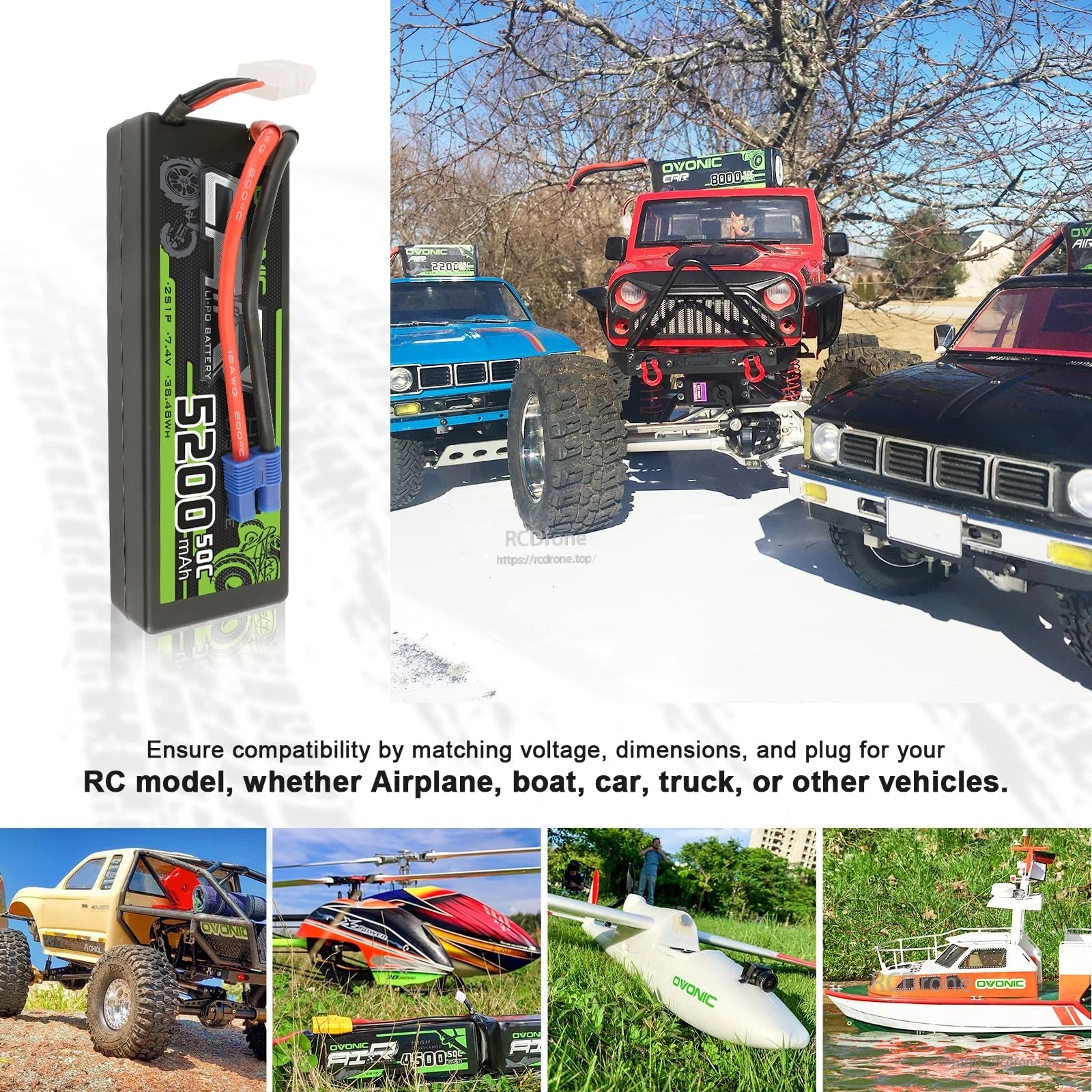 OVONIC 5200mAh hardcase LiPo with compatibility collage for RC car, truck, boat, and airplane applications