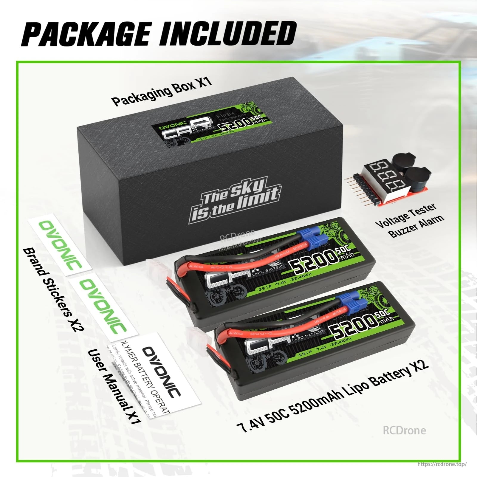 Package contents: two OVONIC 7.4V 5200mAh 50C hardcase LiPo batteries, voltage tester buzzer alarm, manual, stickers, box