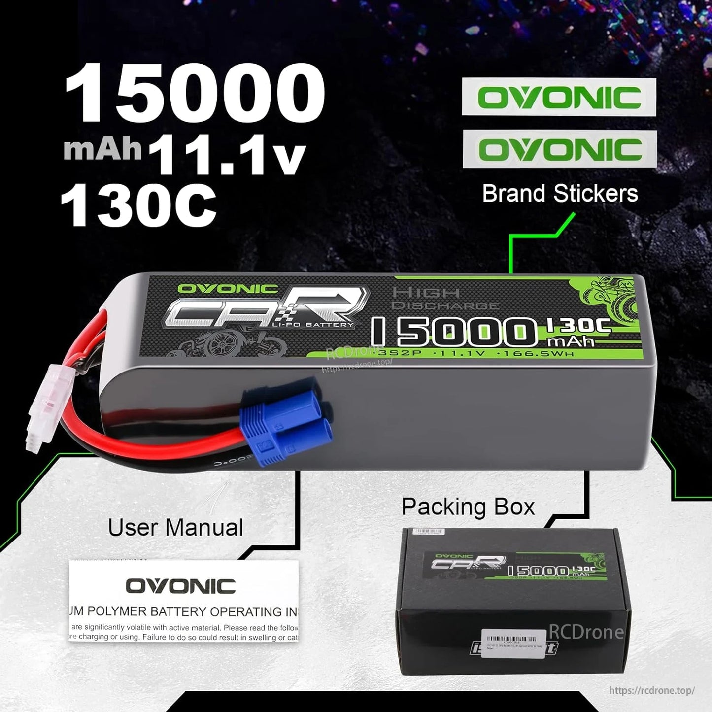 Package contents graphic: Ovonic 15000mAh 11.1V 130C LiPo battery with packing box, manual, and brand stickers