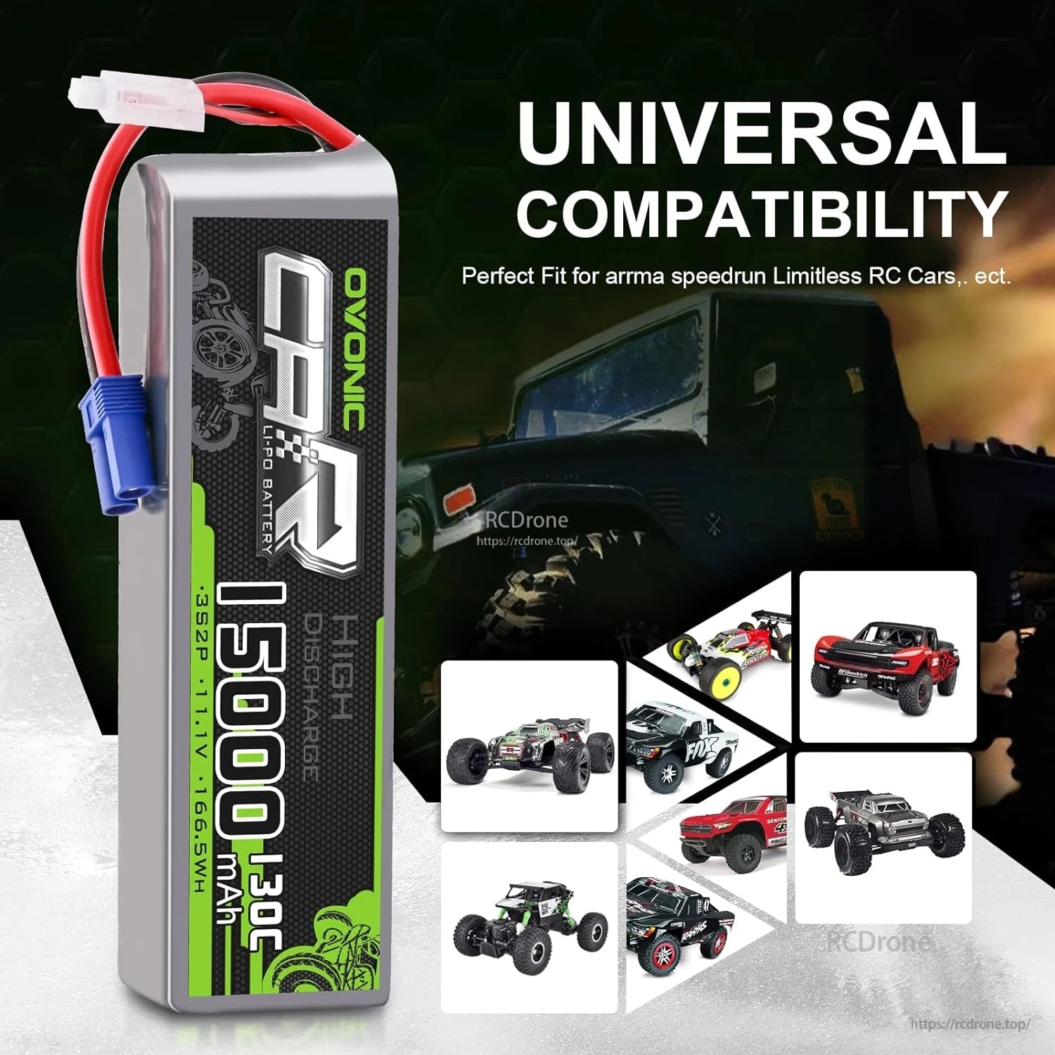 Ovonic 15000mAh 3S LiPo battery compatibility graphic showing use with various RC cars