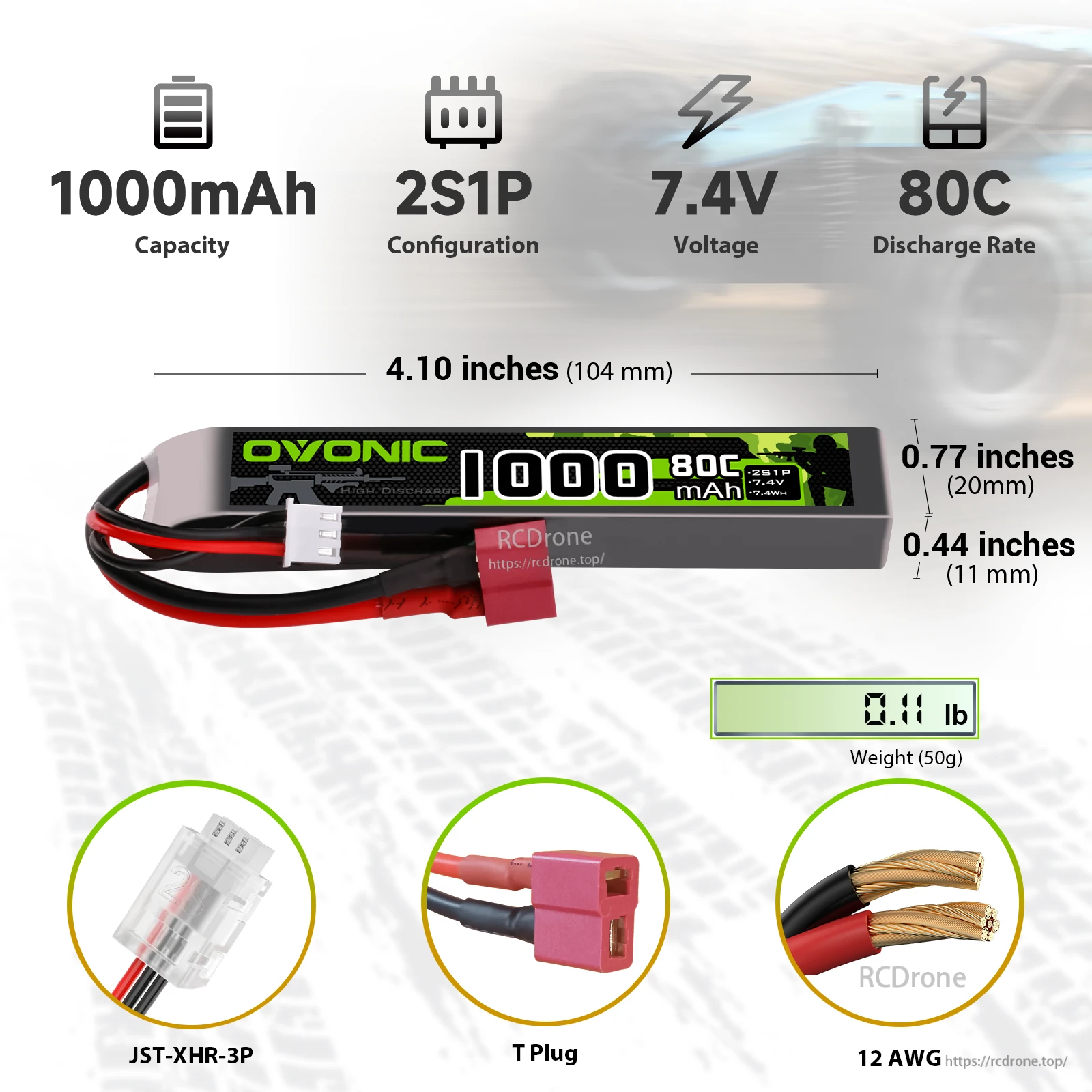 Ovonic 2pcs 2S 1000mAh 80C 7.4V LiPo battery specs with size, weight, Deans T plug and JST-XHR-3P