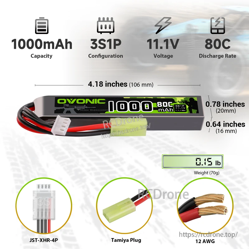 Ovonic 1000mAh 80C stick LiPo infographic with Tamiya plug, JST-XHR-4P lead, 12AWG, 106×20×16mm