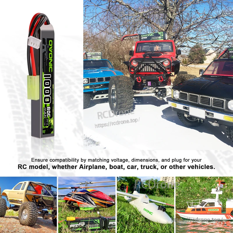 Ovonic stick LiPo pack alongside RC car, helicopter, boat and plane examples; reminder to match voltage, size and plug