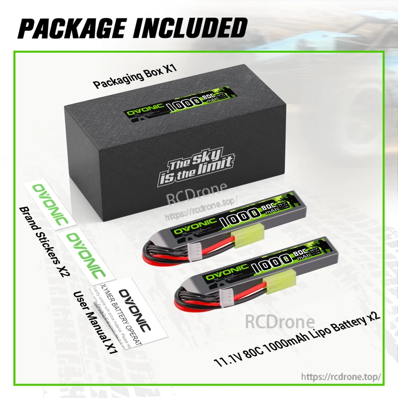 Package contents: Ovonic box, two 1000mAh 80C stick LiPo packs, brand stickers and user manual