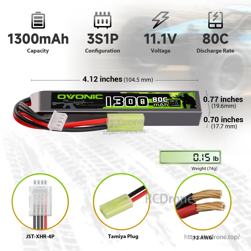 Ovonic 3S 11.1V 1300mAh 80C LiPo battery with dimensions, 74g weight, Tamiya plug and JST-XHR-4P lead