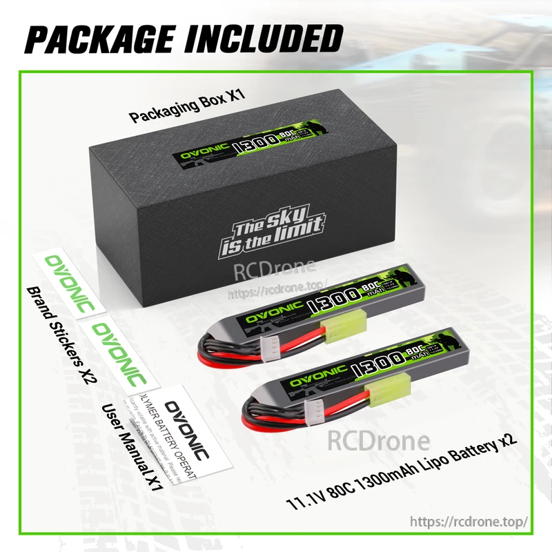 Package contents: two Ovonic 11.1V 1300mAh 80C stick LiPo batteries, box, brand stickers and user manual