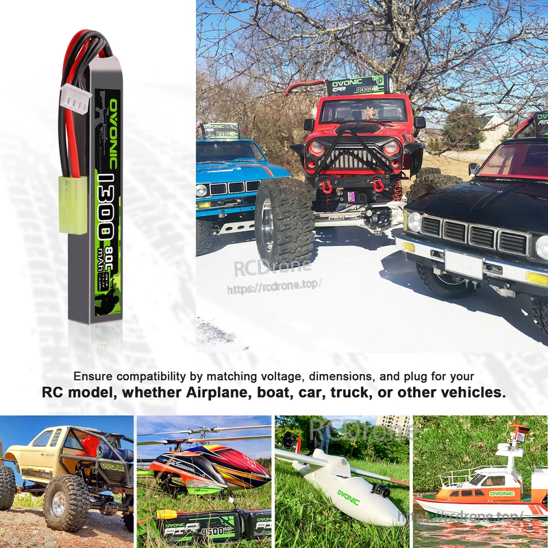 Stick LiPo battery with RC car, helicopter, airplane and boat collage highlighting multi-model compatibility by size and plug