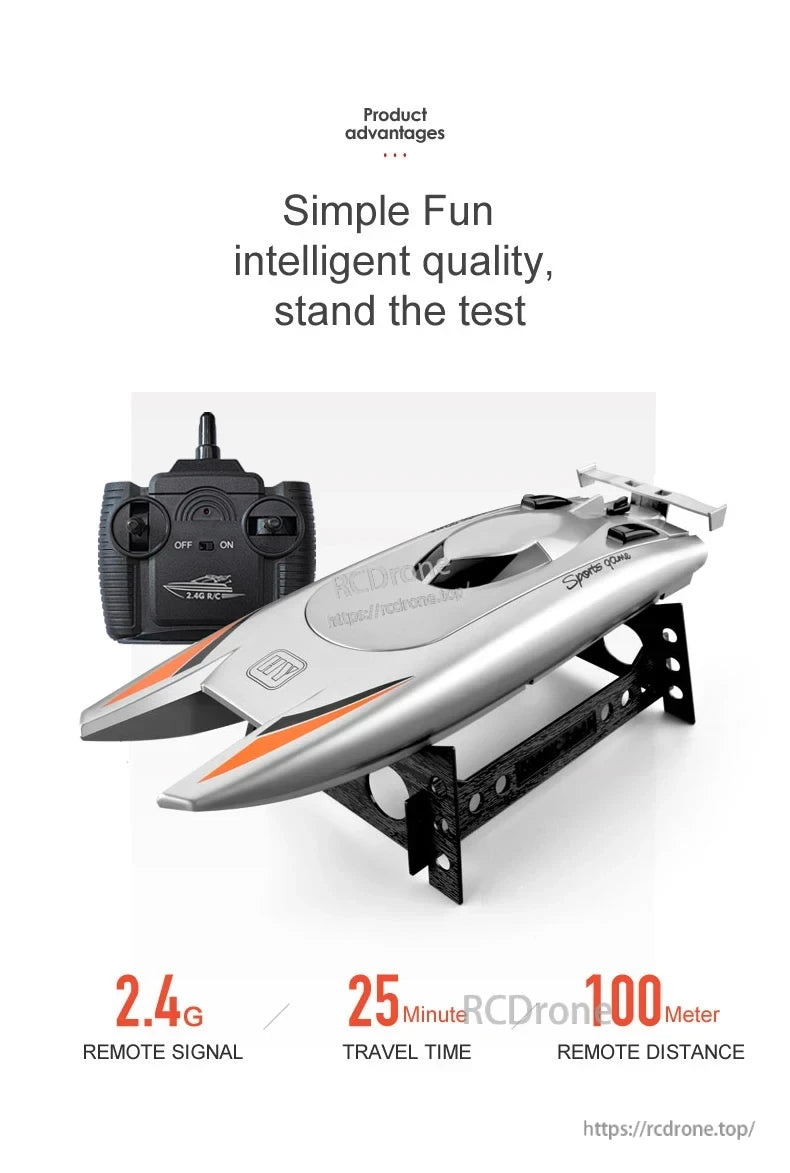 2.4G RC boat offers 100m range, 25-minute runtime, intelligent design, and easy, enjoyable operation for outdoor fun.