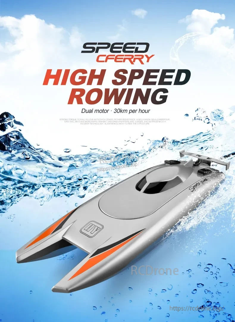 2.4G RC Boat, Speed CFERRY: dual-motor, 30km/h high-speed rowing boat with sleek design, delivering dynamic motion and water splashes.