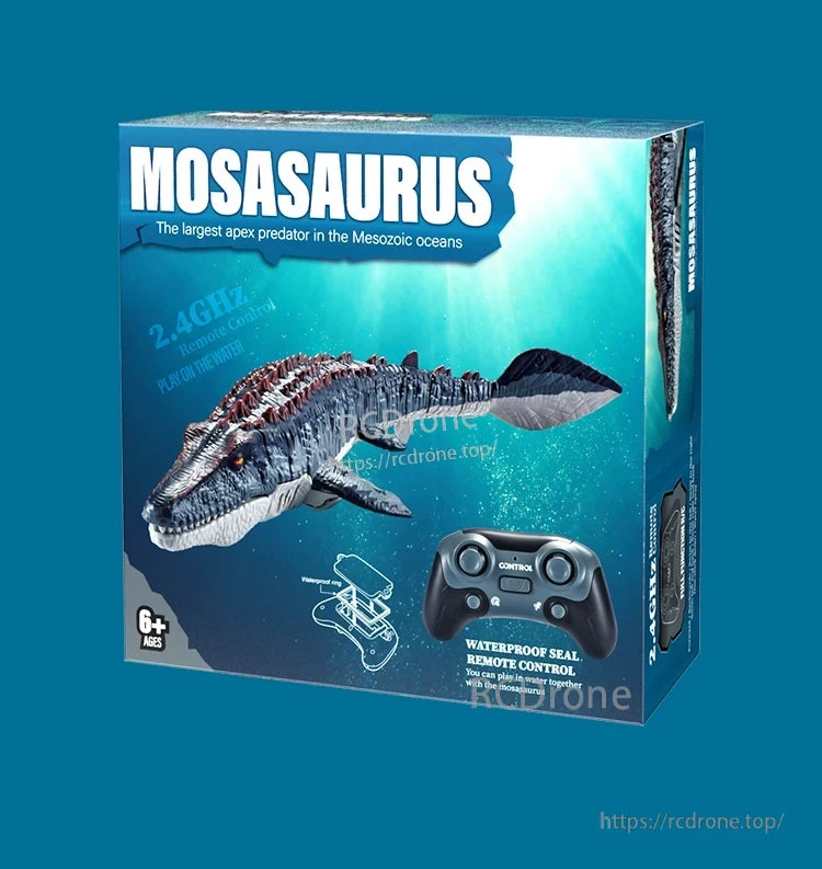 2.4G RC Boat, Mosasaurus toy: largest Mesozoic ocean predator, 2.4GHz remote, waterproof, ages 6+. Ideal for water play with included remote and sealed design.