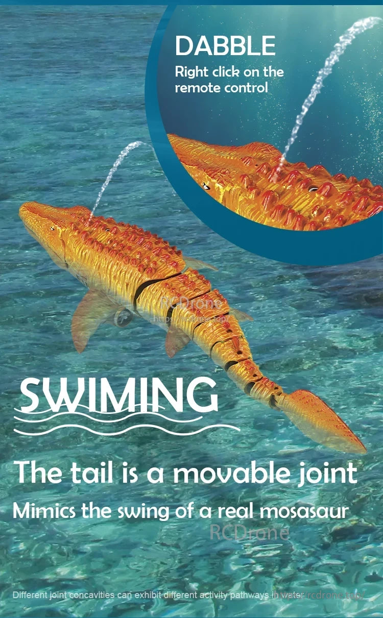 2.4G RC Boat, Dabble: right-click remote control. Swimming: flexible tail mimics mosasaur motion with varied joint concavities for diverse water movement paths.