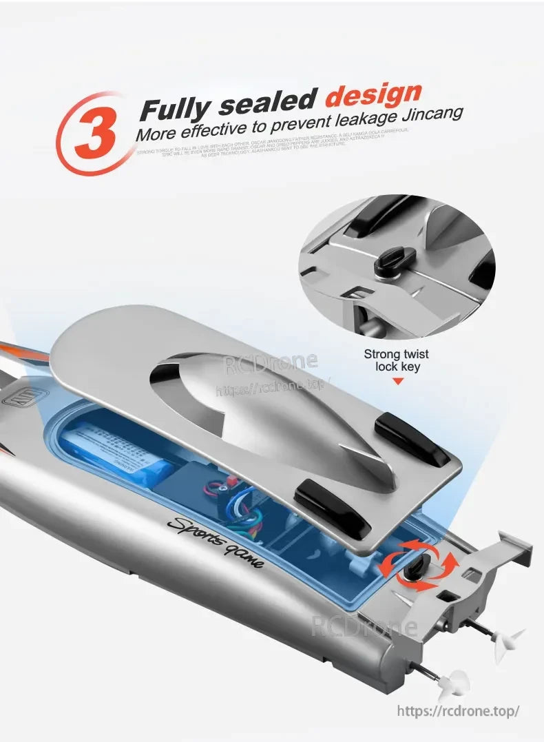 2.4G RC Boat, Leakproof design with secure twist lock; sports branding displayed on boat.