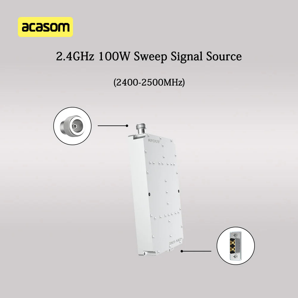 ACASOM 100W RF Amplifier, A product image features a 2.4GHz signal source with 100W output power for a cascom 2.4 GHz 100 W RF amplifier.