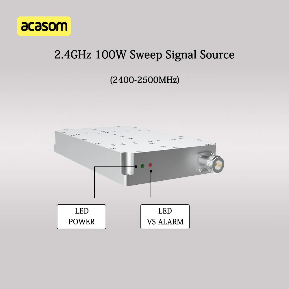 Acasom 100W RF amplifier operates at 2.4 GHz with 24,000 MHz range, featuring LED indicators and power meter with alarm functionality.