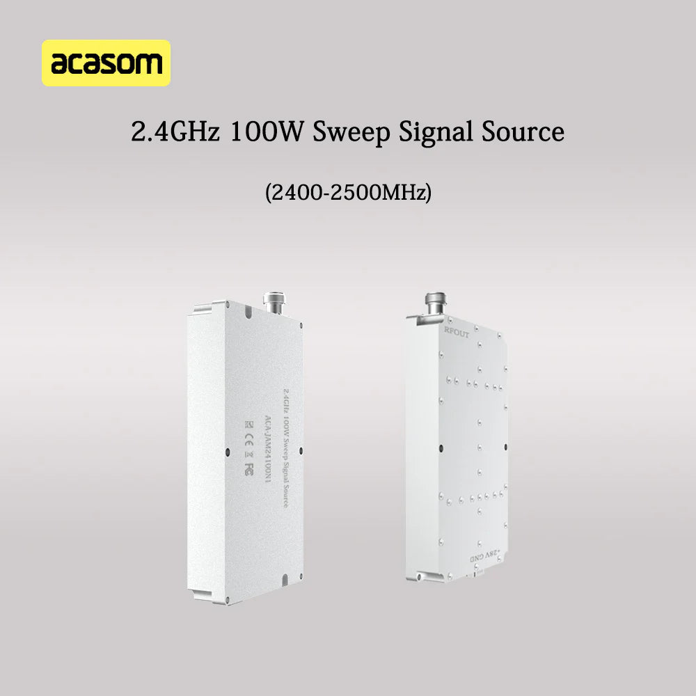 ACASOM 100W RF amplifier amplifies 2.4GHz signals from 2400-2500MHz with 1W output power and 3dB gain.