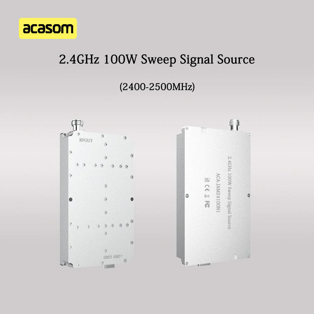 The ACASOM 100W RF Amplifier amplifies signals within the 2.4GHz frequency band, offering adjustable output power and gain.