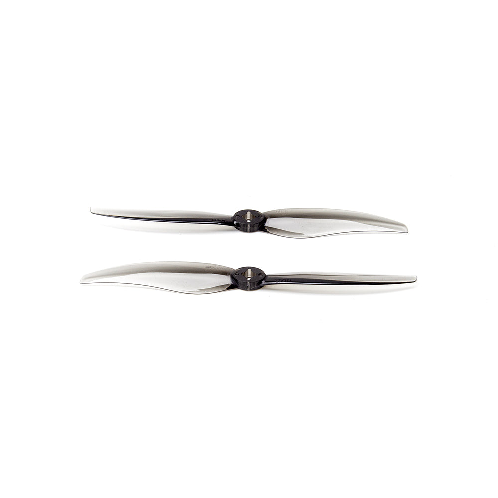 Two two-blade propellers, side profile view showing blade curvature and central hub
