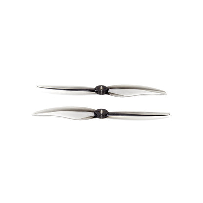 Two two-blade propellers, side profile view showing blade curvature and central hub