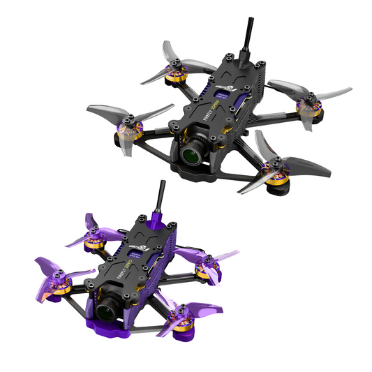 Firefly micro FPV quadcopter drone with front camera, top-mounted antenna, and four propeller motors in two color options