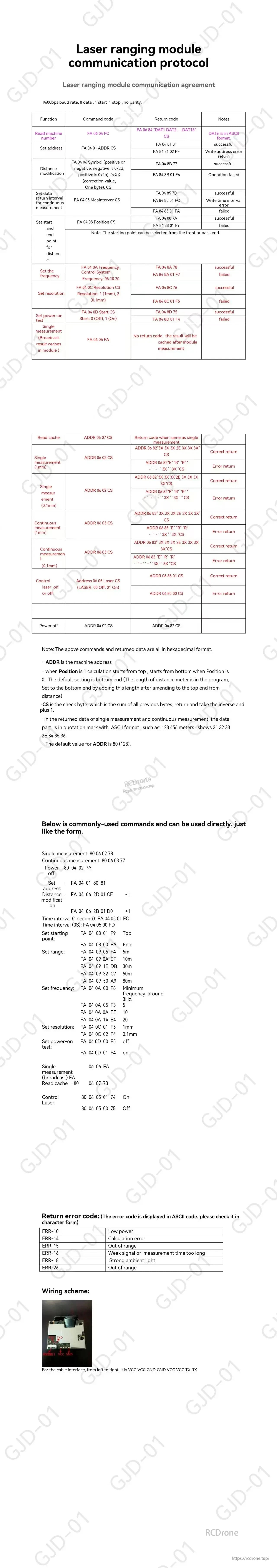 20 Hz High-Accuracy 80 m Laser Sensor, The laser ranging module uses a 9600bps protocol for distance measurement, frequency, resolution, power control, and error handling via command and response codes.