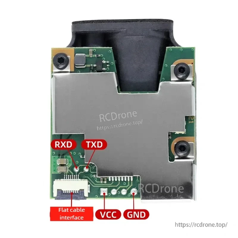 20 Hz High-Accuracy 80 m Laser Sensor, 20 Hz laser sensor with TTL interface, RXD, TXD, VCC, GND pins, and flat cable connector for serial communication.