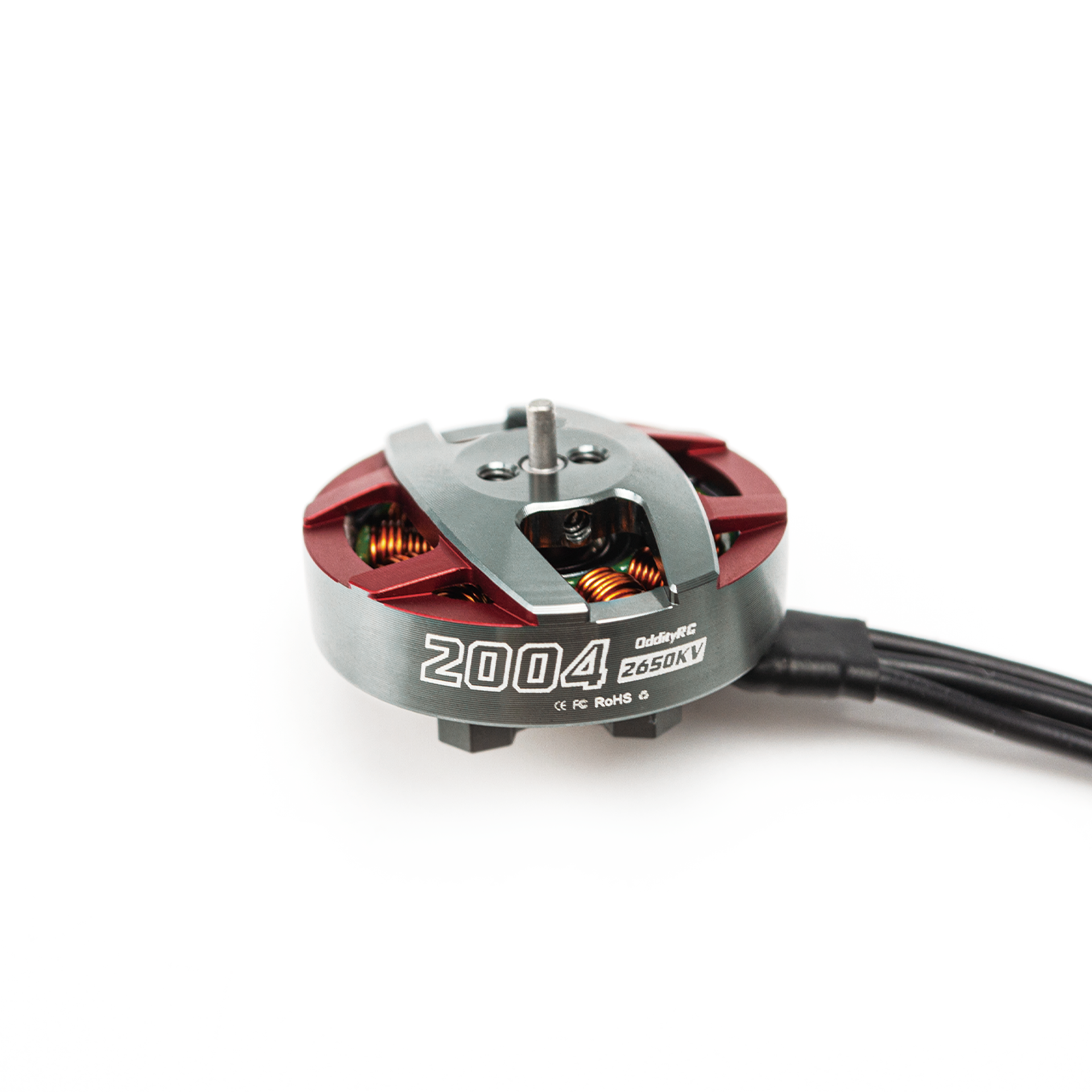 OddityRC Spinnybois 2004 2650KV 6S brushless motor close-up with shaft, top plate, and wires